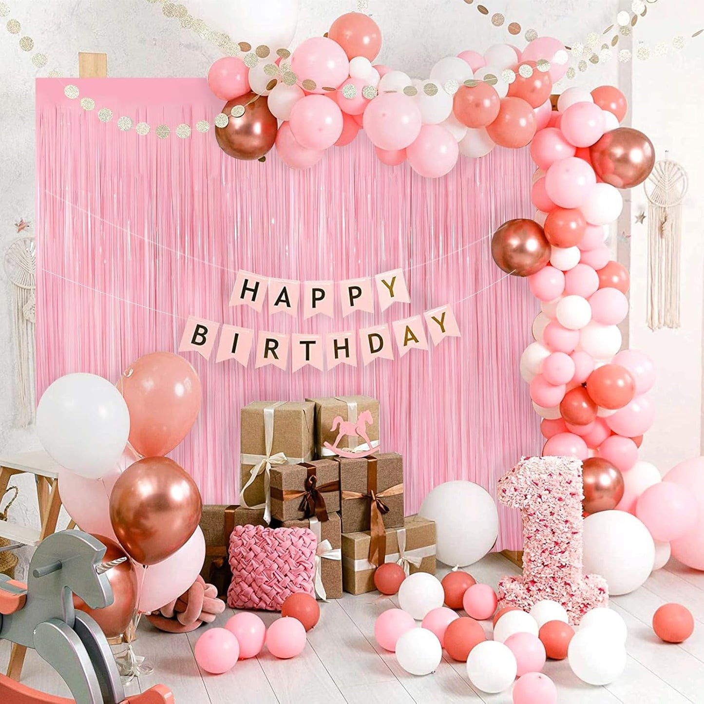 2Pack Pastel Pink Metallic Tinsel Foil Fringe Curtains, 3.3 X 8.3ft Pink Party Streamers Backdrop Curtains for Birthday Party Decorations, Halloween Decor, Foil Curtain Backdrop for Bachelorette Party