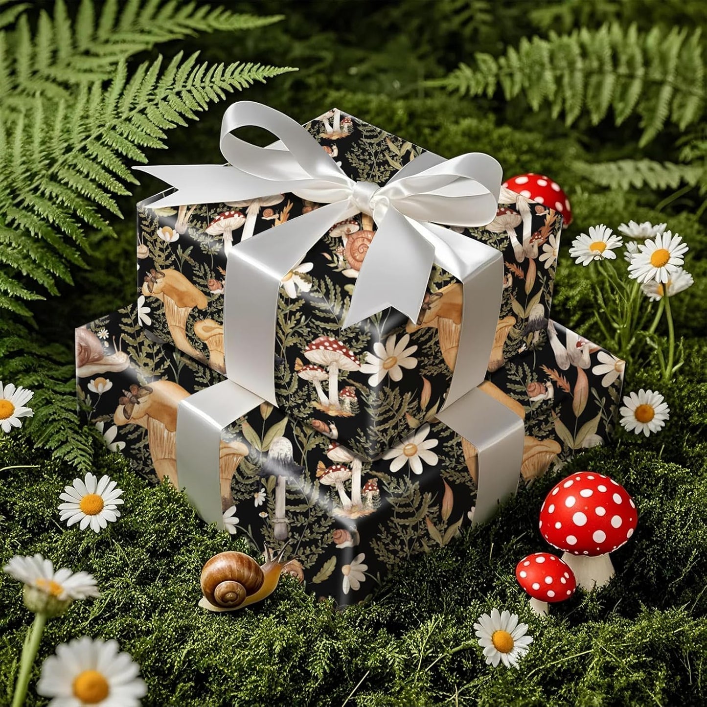 RUSPEPA Forest Mushroom Wrapping Paper Roll, Mini Roll, Woodland Squirrel and Snail Design, Black Nature Gift Wrap for Fall, Birthday, Thanksgiving Party, 17 Inches x 16.4 Feet
