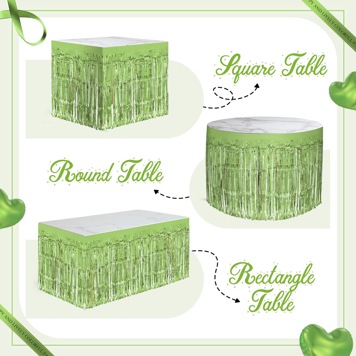 8 Pack Light Green Table Skirts, 29x108" Metallic Foil Tinsel Fringe Table Skirts for Rectangle Tables Streamer Curtains Backdrop, Party Decorations for Birthdays Weddings Holidays