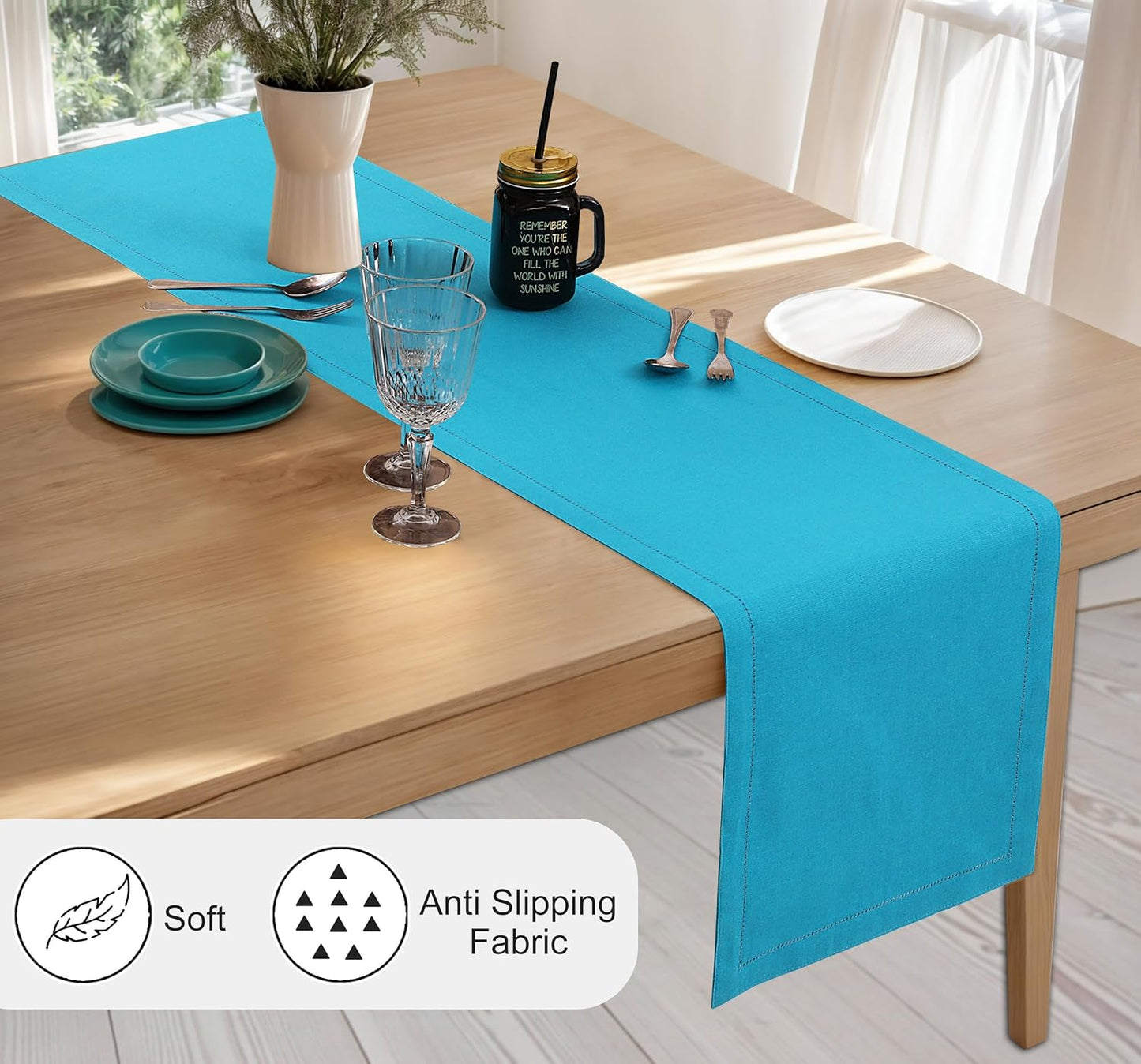 Ruvanti Linen Table Runner 108 Inches, Classic Hemstitch, Washable, Reusable, Non-Slipping, Stain Resistant- Perfect for Parties, Weddings, Dinners, Thanksgiving, Christmas, Indoor use – Blue