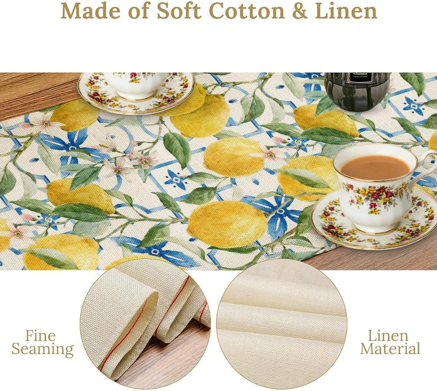 Lemon Table Runner,Watercolor Fruit Green Leaves Spring Summer Table Cloth Kitchen Dining Table Home Party Decoration 13x108 Inch