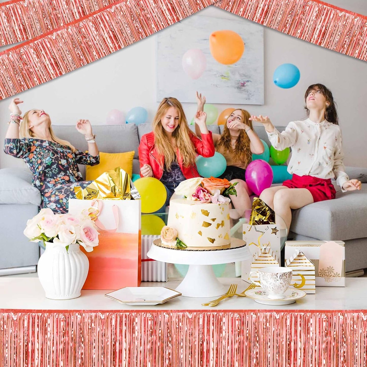 6 Pack 10 Ft Rose Gold Foil Fringe Garland Metallic Streamers Tinsel Banner Wall Hanging Garland Backdrop for Parade Floats, Halloween, Christmas, Thanksgiving, New Year Party Decorations