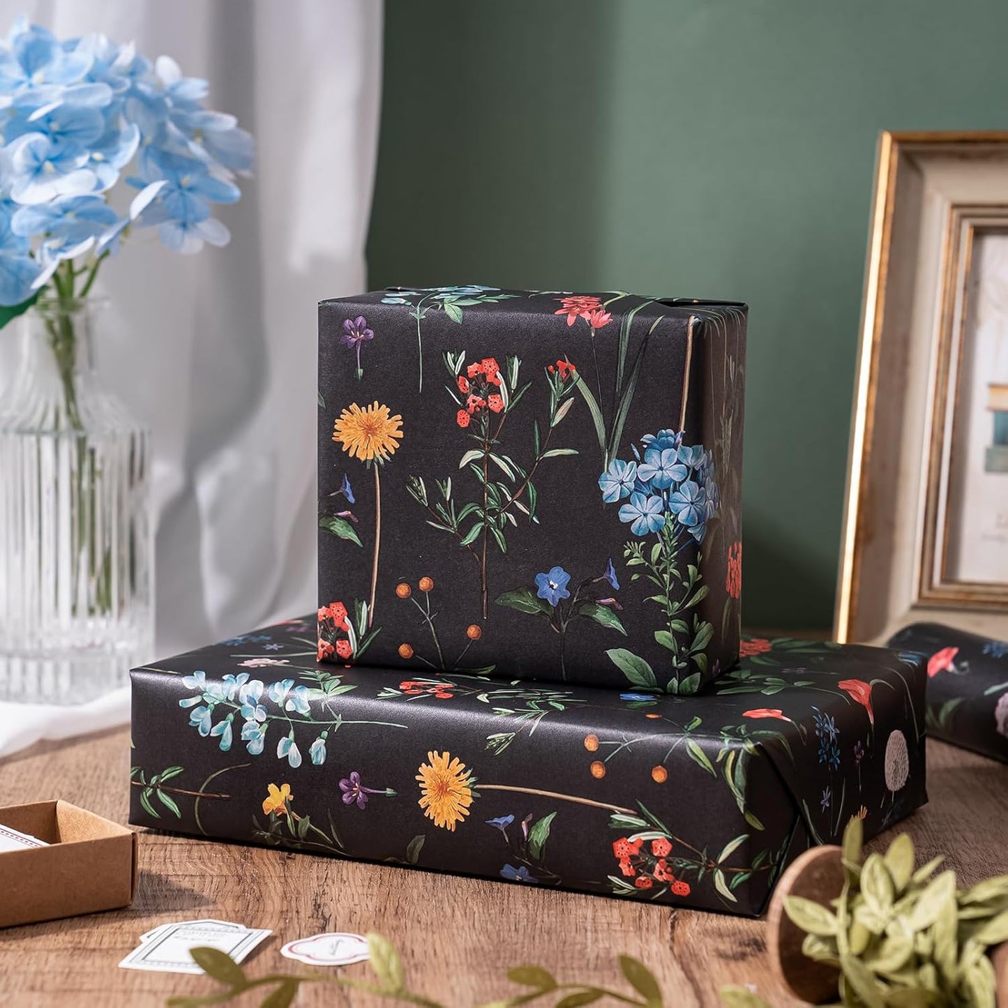 WRAPAHOLIC Kraft Wildflower Wrapping Paper - Mini Roll - 17 Inch x 16.5 Feet - Black Floral Wrapping Paper for Wedding, Birthday, Wedding, Bridal Shower, Drawer Liners, Tea Party