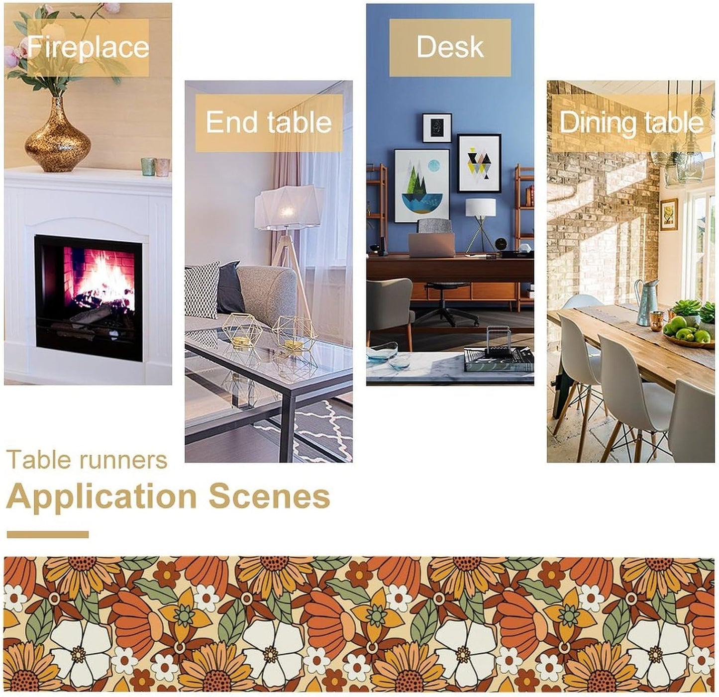 Vintage Floral Table Runner,Boho 70s Style Retro Flower Table Cloth Kitchen Dining Table Home Party Decoration 13x36 Inch