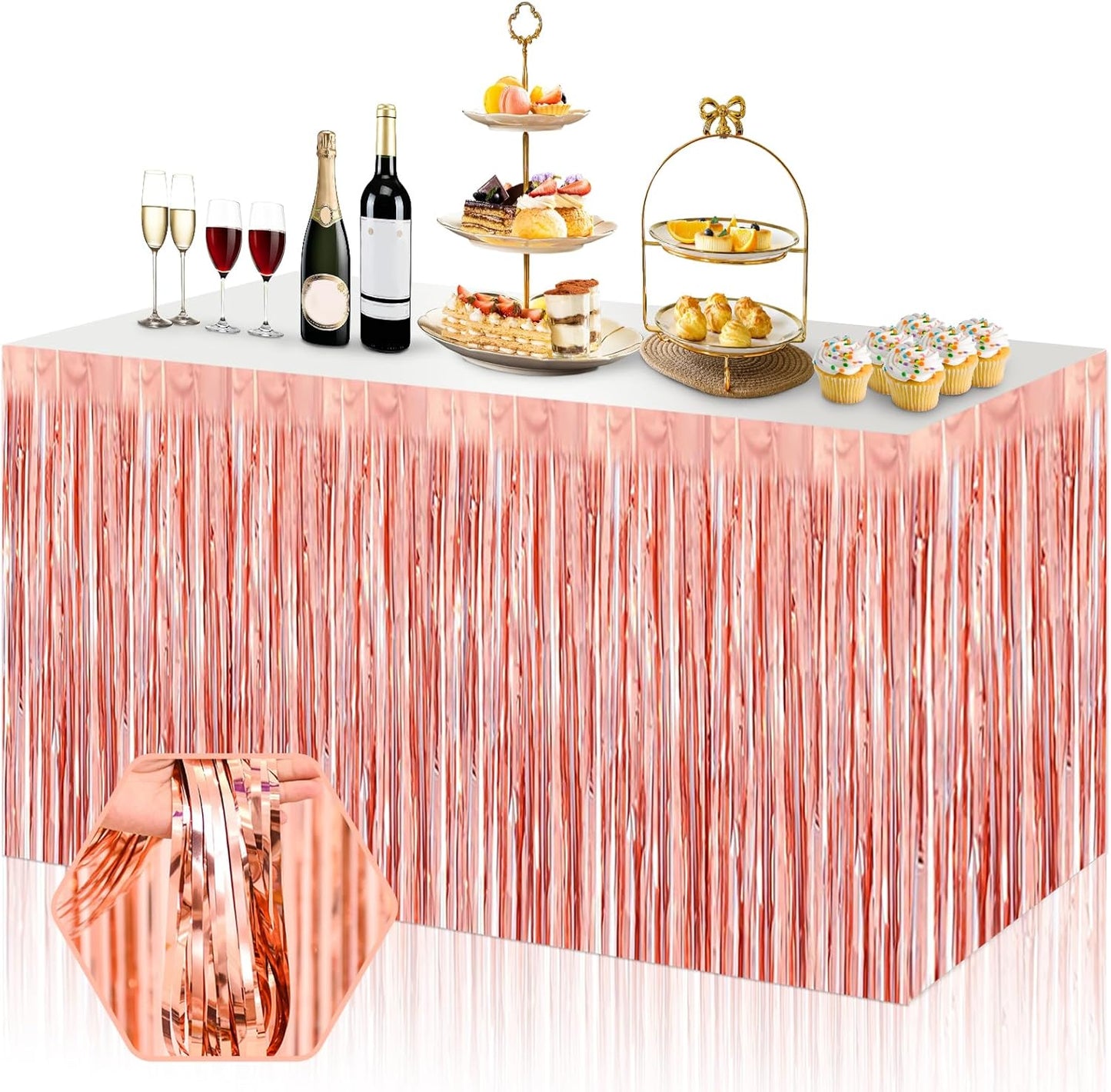 3 Pack 29x108 Inch Rose Gold Foil Fringe Table Skirts Metallic Banner for Tinsel Streamer Garland Backdrop for Parade Floats Wedding Thanksgiving Birthday Christmas Halloween Party Decoration