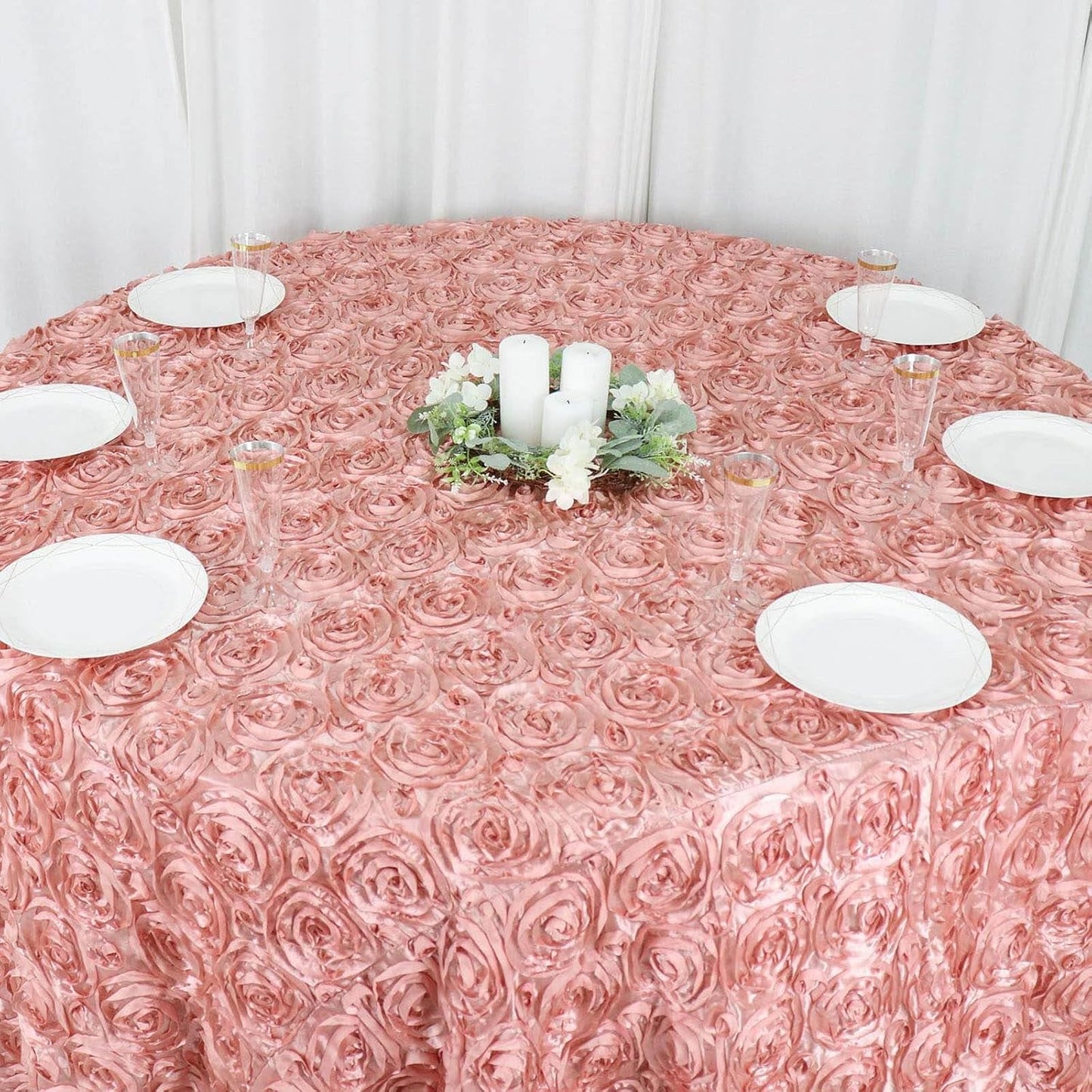 Efavormart 120" Dusty Rose Grandiose 3D Rosette Satin Round Tablecloth for Wedding Party Event Decoration