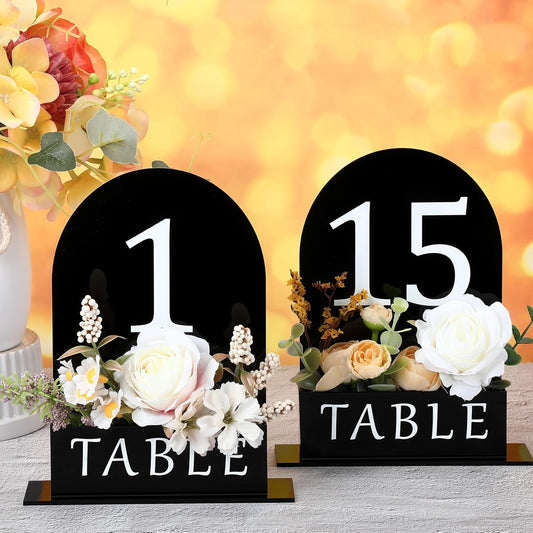 Table Number 1-15 for Wedding Reception Arch Acrylic Wedding Table Number with Flower Trough 5" x 7" Mirrored Rustic Centerpiece for Reception Bridal Shower Party Catering Banquet(Black)
