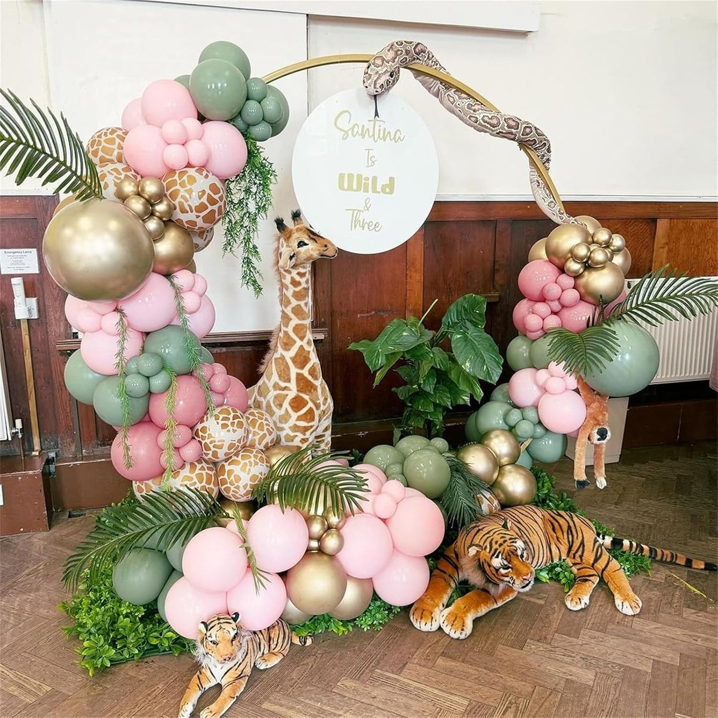 Pink Jungle Safari Balloons, 60PCS Sage Green Pastel Pink Gold Balloon, Light Pink Cream Beige Balloon with Animal Print for Girls Birthday Baby Shower Wild One Giraffe Party Decorations Supplies