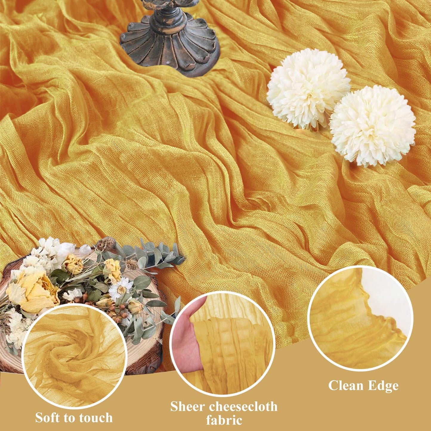 Asee'm 6pcs Cheesecloth Table Runner 120 Inches Long Gold Boho Gauze Cheese Cloth Runner 10FT Rustic Sheer Table Runners for Christmas Wedding Party Baby Shower Spring Easter Decoration