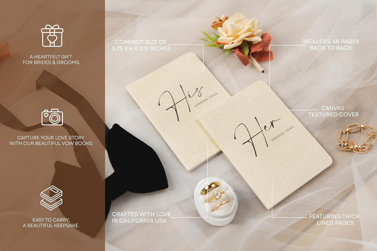 Slim Vow Books (Set of 2 - Design 4) - Soft Cream Canvas Linen Textured Cover Wedding Vow Booklets, Ceremony Speech Promise Notebook Journal, Gift for Newly Engaged Couple, 48 Lined Pages, 5.75" x 4"