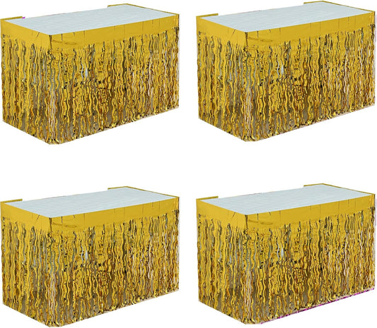 4P Wavy Metallic Tinsel Foil Fringe Table Skirts for Rectangle Tables Backdrop Garland Curtains for Parade Floats Wedding Birthday Parties Decoration Graduation 2025 Christmas (Gold)