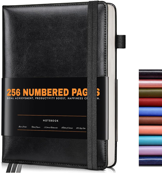 Lined Journal Notebook for Women Men, 256 Numbered Pages Hardcover Leather Journals for Writing, A5 Journaling Notebooks, College Ruled Journal for Business Work School Note Taking 5.75" x 8.38" Black