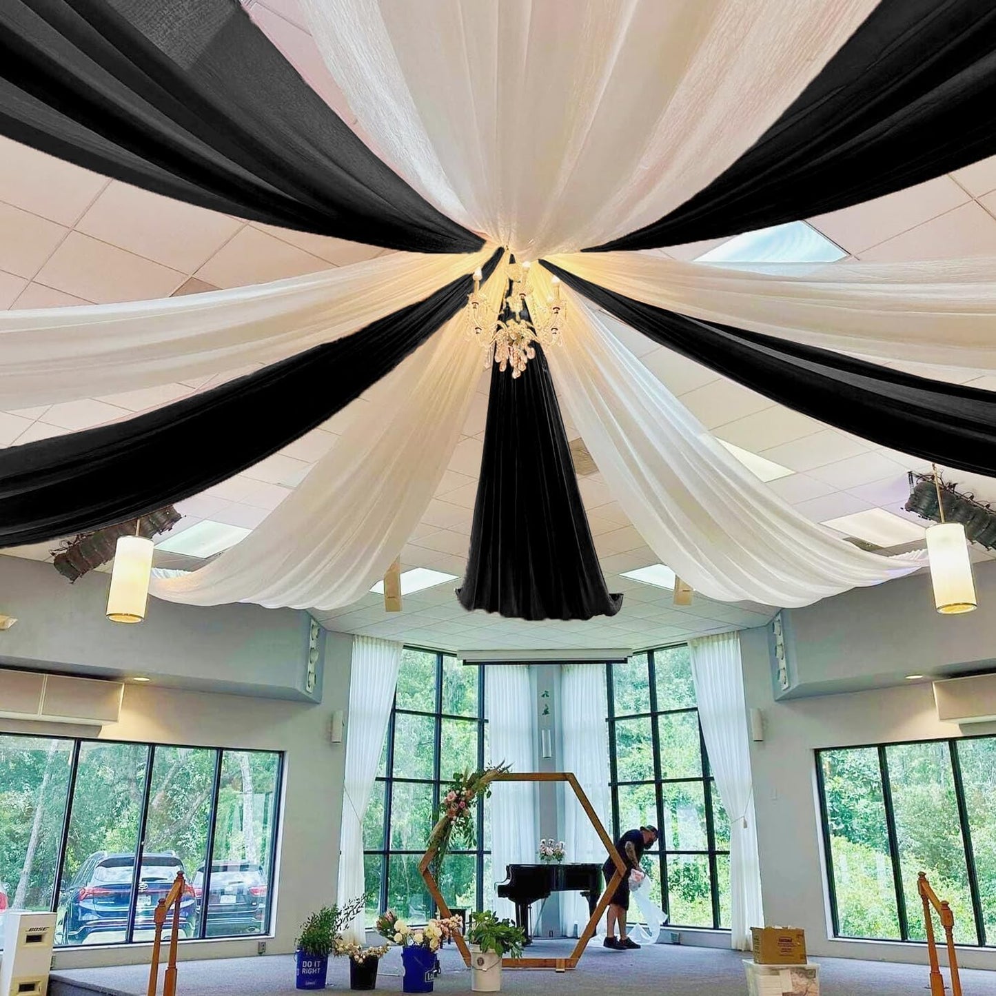 MODFUNS Black Ceiling Drapes for Weddings 2 Panels 5x20 FT Chiffon Wedding Arch Drapes Sheer Curtains Ceiling Decorations Tulle Drapery for Ceremony Archway Draping Fabric for Hallway Tent Stage Party