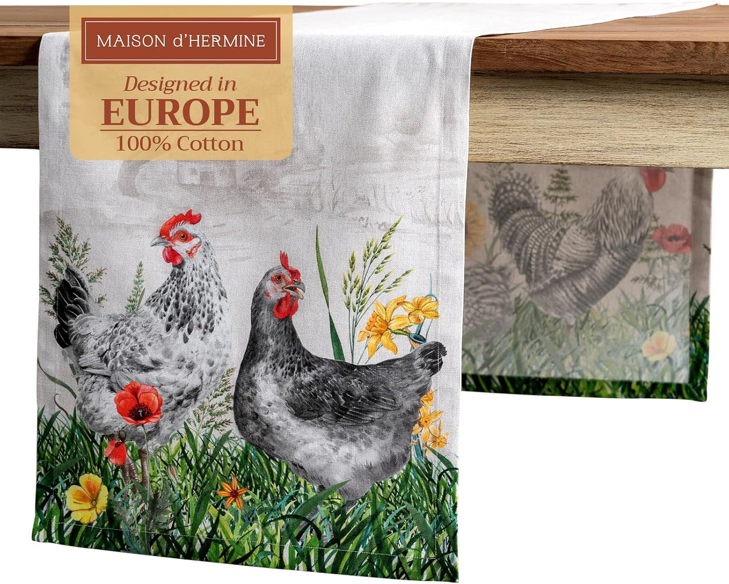 Maison d' Hermine Table runner 100% Cotton Single Layer Table Runners 72 inches long Decorative for Home Kitchen Dining Party Baby Shower Wedding Bridal Shower Spring Summer (Basse Cour, 14.50" x 72")