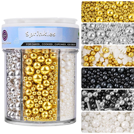Sprinkles for Cake Decorating, 11Oz 6 Colors Gold Silver White Black Pearl Sprinkles Mix for Cake Cupcake Ice Cream Donuts Cookie Baking Toppings