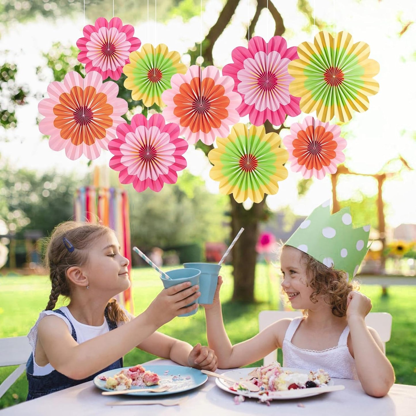 Easy Joy Paper Decorations Hanging Flower Fans - Floral Rainbow Paper Fans for Spring Summer Party, Wedding, Baby Shower - Set of 9