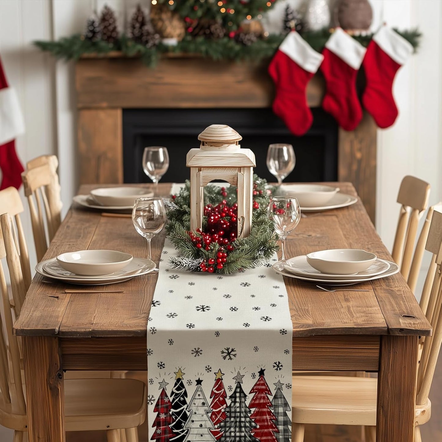 GEEORY Christmas Table Runner 13x108 Inch, Xmas Tees Snowflakes Holiday Decorative Farmhouse Table Decoration for Kitchen Dinning, Indoor Outdoor Dinner Party Decor ((Red & Black) GT165-108