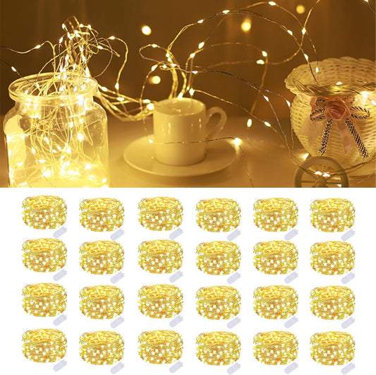 24 Pack Fairy Lights Battery Operated 7 Feet 20 Led Christmas Twinkle String Lights Silver Wire Waterproof for Classroom Christmas Valentine's Day Mason Jars Centerpiece Table Decorations (Warm White)