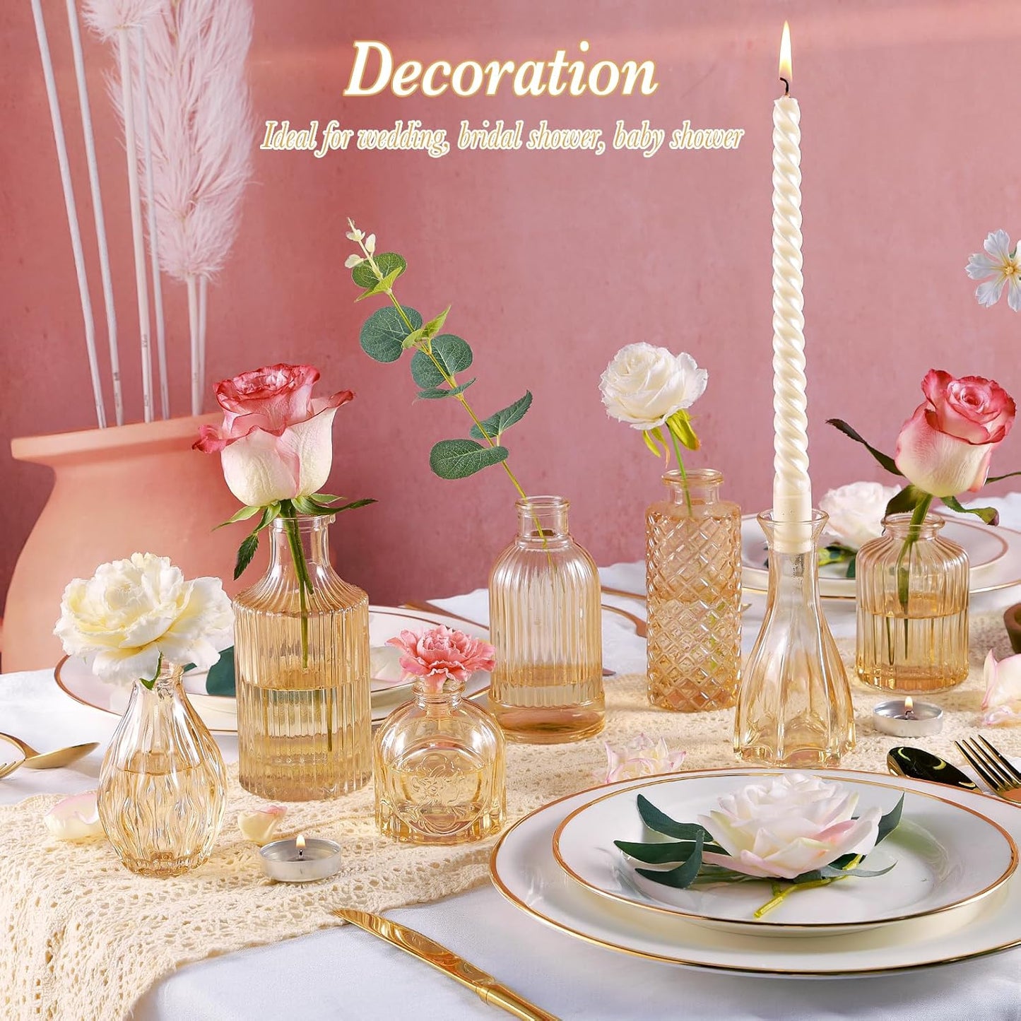 Amber Glass Bud Vases Set of 12, Gold Mini Flower Vase for Centerpieces, Small Vases in Bulk for Wedding Decorations, Vintage Vase for Table, Recepetion, Home Décor