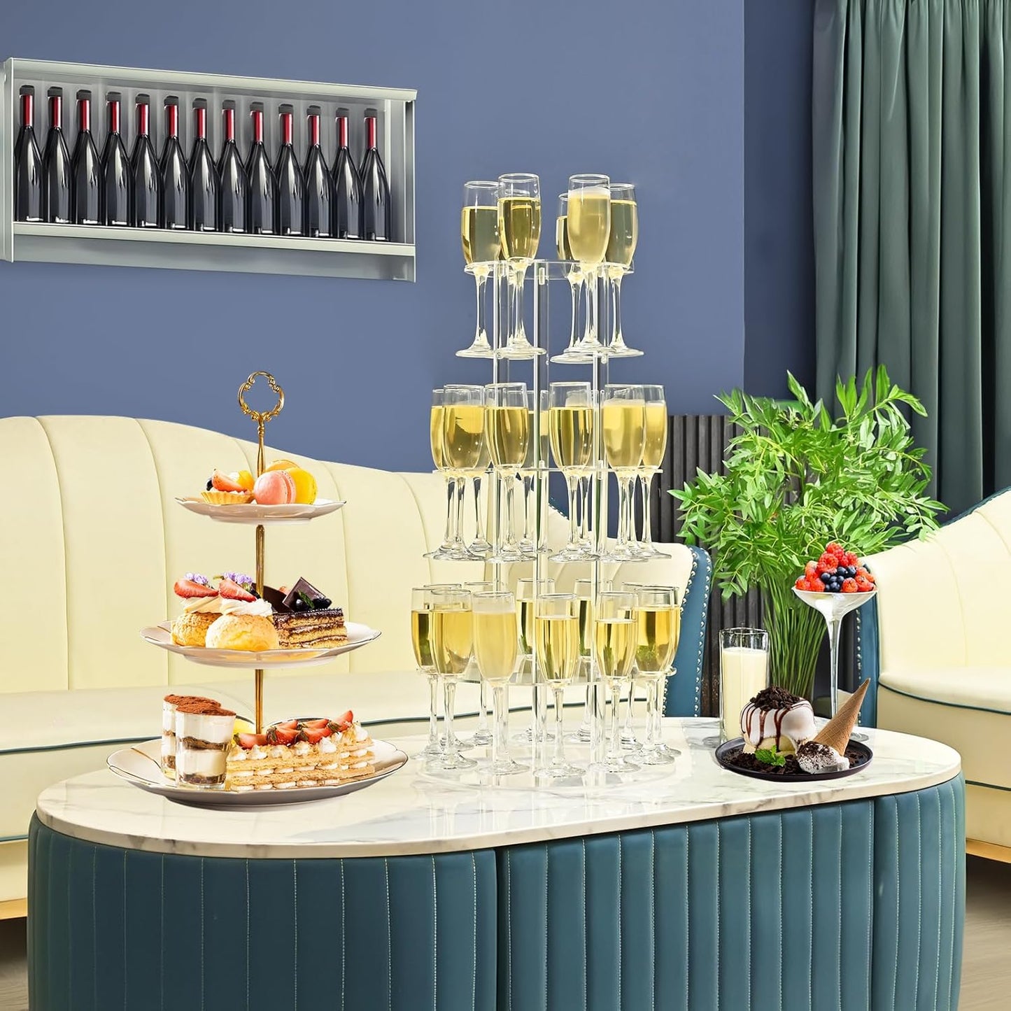 Champagne Tower, Circle Acrylic Champagne Display Rack Stand with 28 Slots, 3 Tier Floating Sight Champagne Flute Holder for Party, Wedding, School, Celebration, 13.4x13.4x25.5 inch