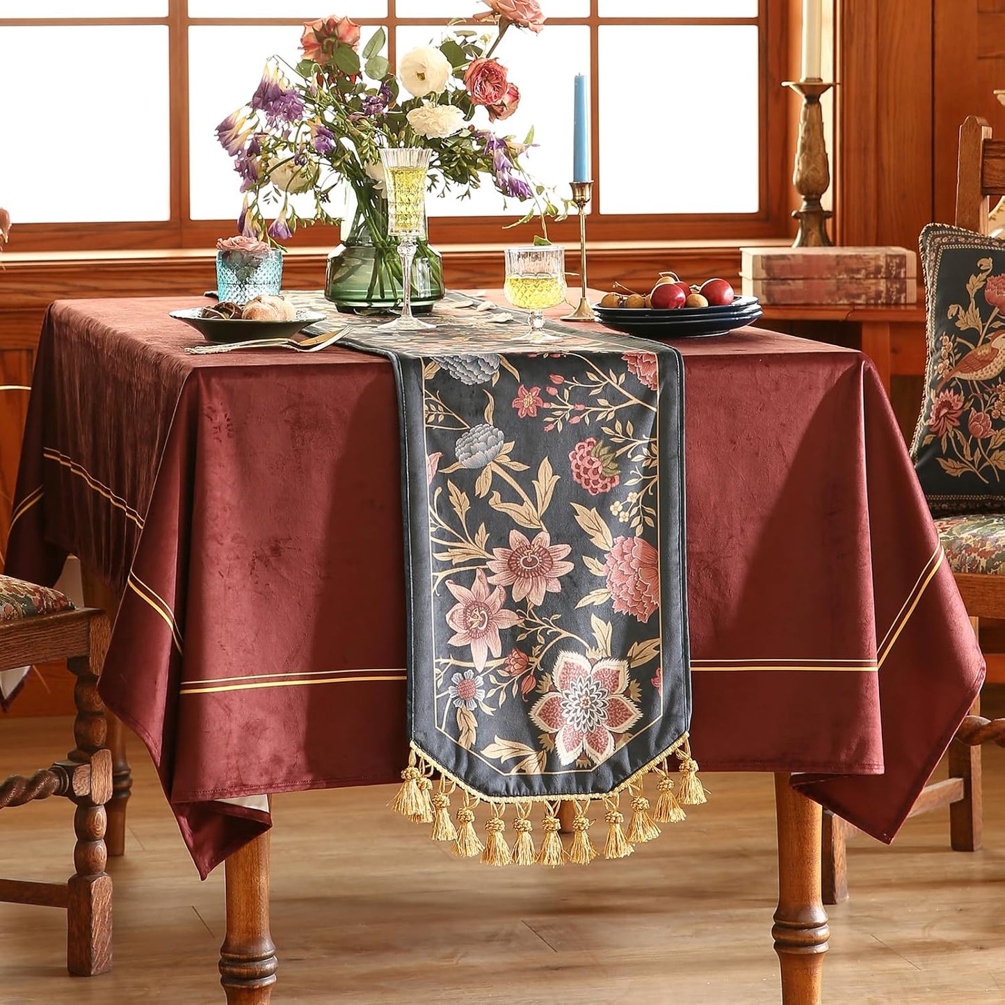 patdrea Designer Vintage Black Floral Velvet Table Runner 87 Inch Long, Pink Khaki Bouquets Pattern Table Mat, Decoration for Kitchen Dining Coffee Table Cabinet Banquet Thanksgiving,12"*87"