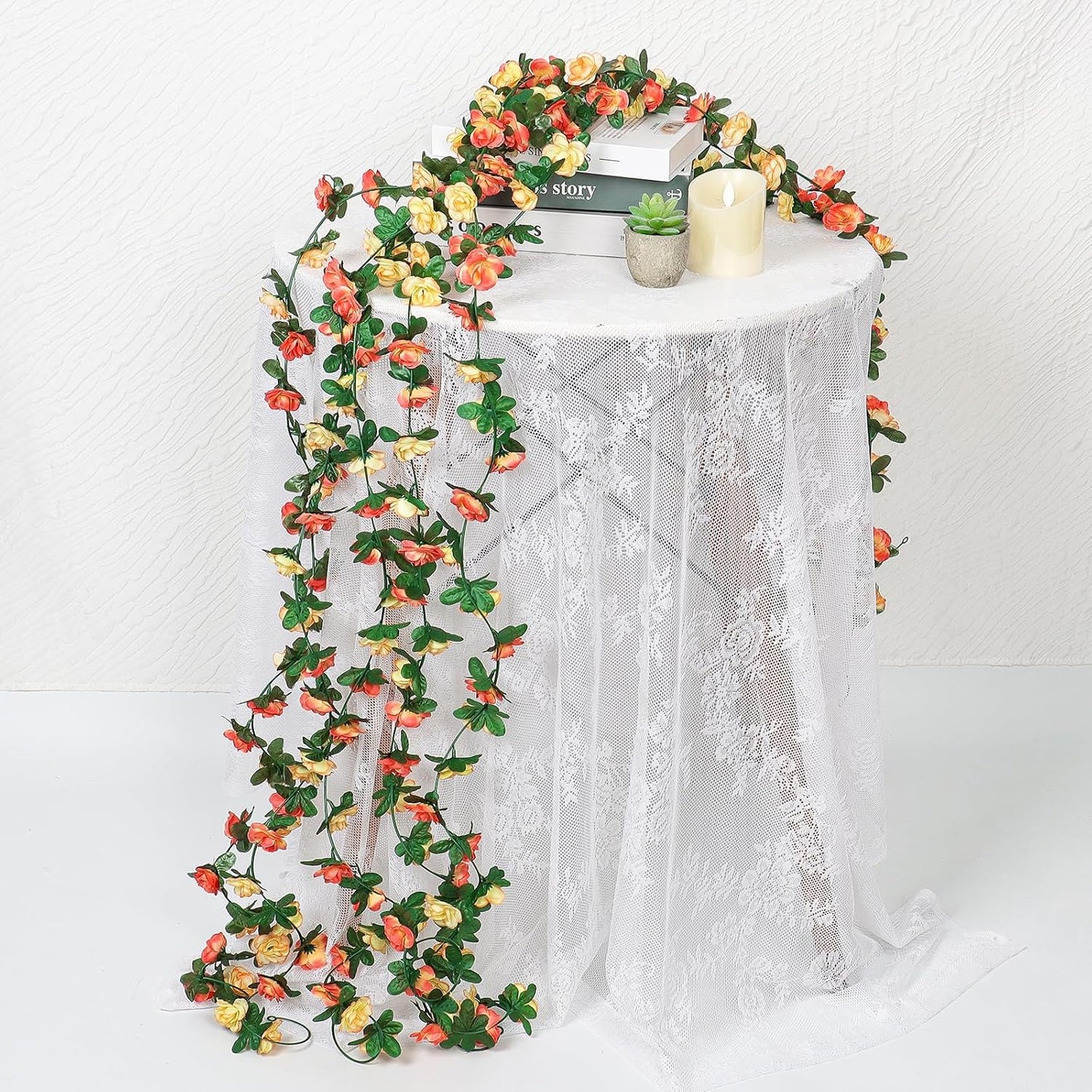 KHOYIME 9 Pack 72 FT Artificial Flower Garland, Fake Champagne Roses Vines Silk Flowers Faux Outdoor Hanging Floral Ivy Garland Decoration for Wedding Arch Bedroom Home Wall Backdrop Room Decor