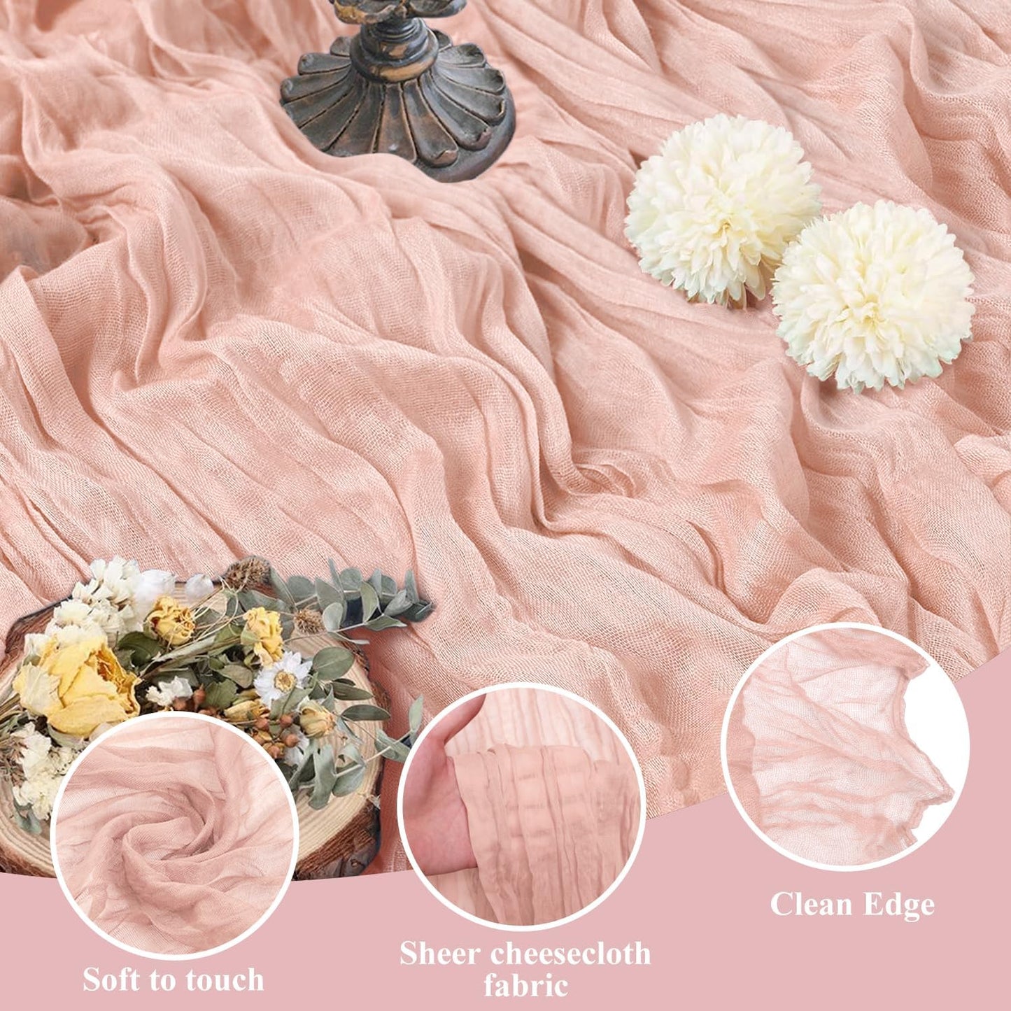 Asee'm Cheesecloth Table Runner 120 Inches Dusty Pink Boho Gauze Cheese Cloth Runner 10FT Rustic Sheer Fall Table Runners for Thanksgiving Wedding Baby Shower Holiday Party Decoration