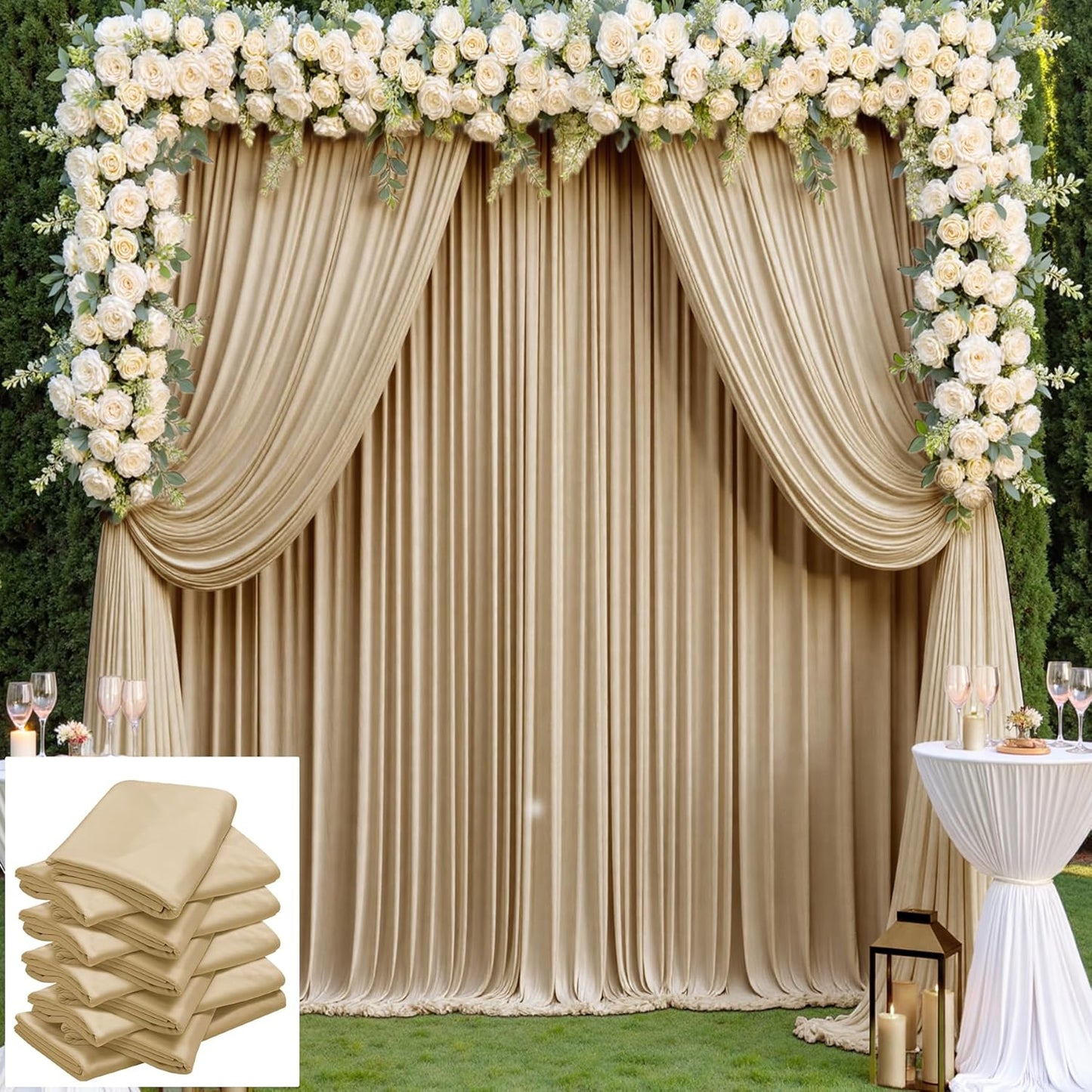 50×14 ft Wrinkle Free Beige Backdrop Curtain for Weddings Parties, 10 Panels 14ft Silky Polyester Wedding Drapes Backdrop Photo Back Drop Cloth for Birthday Baby Shower Photography Backgrounds