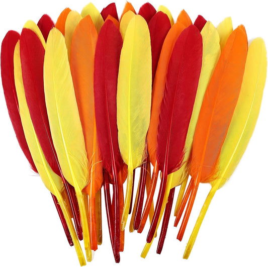 FeelfunFeather 120pcs Colorful Feathers Natural Bulk, 4-6 inch 10-15cm Red Orange Yellow Goose Cochettes Feather for Wedding Party Christmas Halloween Decorations DIY Crafts