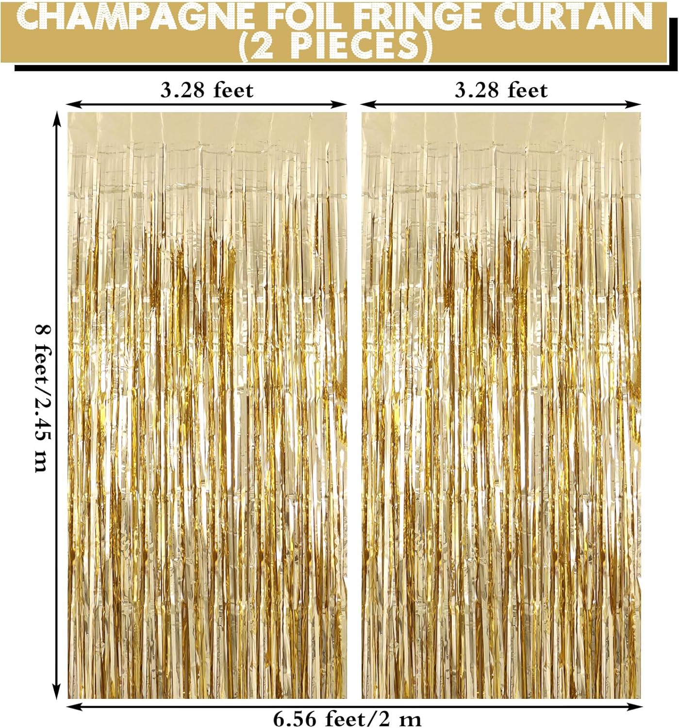 2 Pack Champagne Fringe Curtains Foil Shiny Fringe Backdrop Tinsel Door Streamers Foil Curtains for Birthday Wedding Engagement Bridal Shower Celebration Party Decorations Large