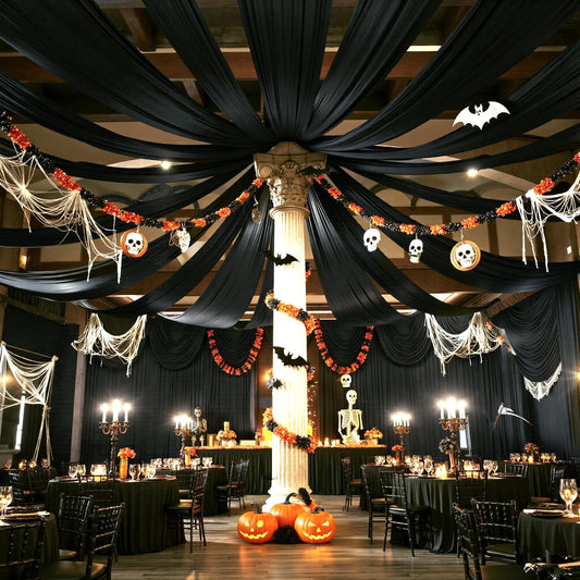 PartyVillage 12 Panels 5ftx30ft Black Ceiling Drapes for Halloween Parties – 30 FT Extra Long Thick Polyester Wrinkle-Free Drapery Tent Decor Decorations for Birthday Party Ceremony Stage Swag