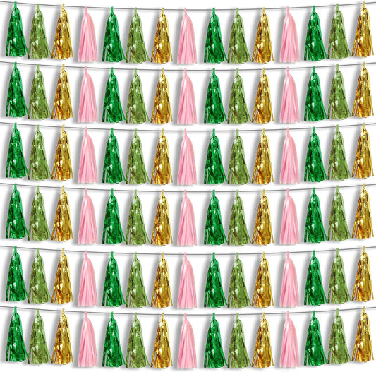 6P Sage-Green Pink-Gold Foil Fringe Metallic Tassel Garland, Tassels Banner Streamers for Parade Floats, Bachelorette, Wedding, Birthday, Graduation, Christmas, Bridal/Baby Shower Party Decorations