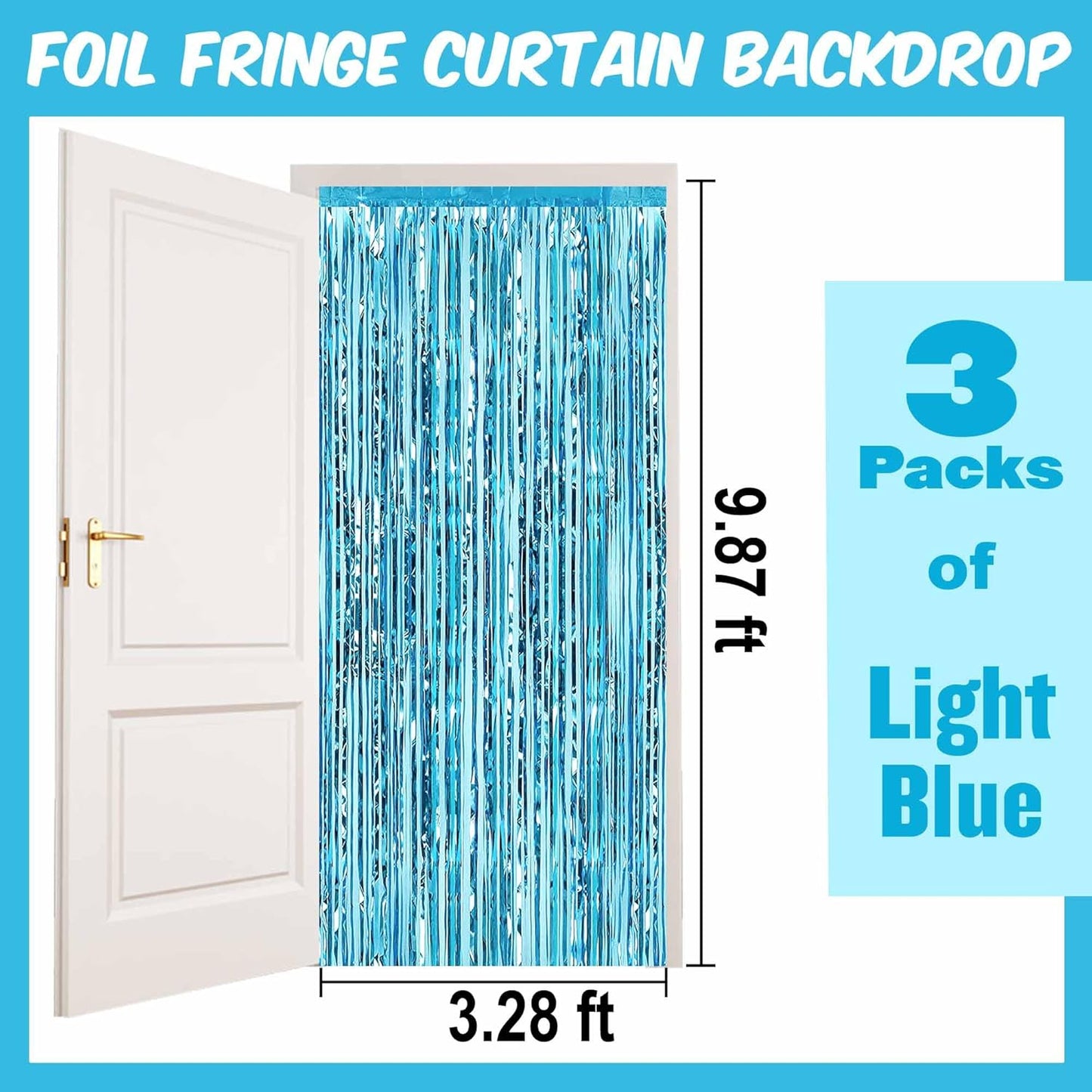 3 Pack Light Blue Foil Fringe Curtains Backdrop, 3.28 x 9.8 Ft Metallic Streamers Tinsel Curtains Background for Photo Booth, Birthday, Halloween, Christmas, Thanksgiving, New Year Party Decorations
