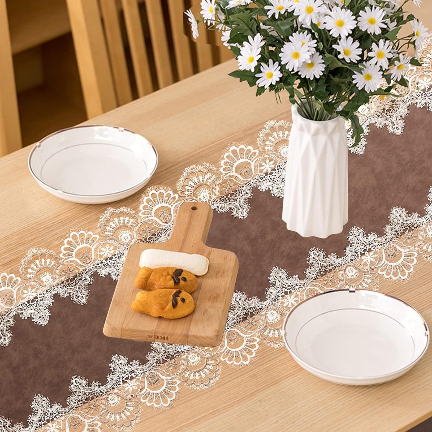 Vintage Lace Dining Table Runner, 108 Inches Macrame Coffee Table Runners for Kitchen Home Christmas Party Decorations (16x108 inch,Brown)