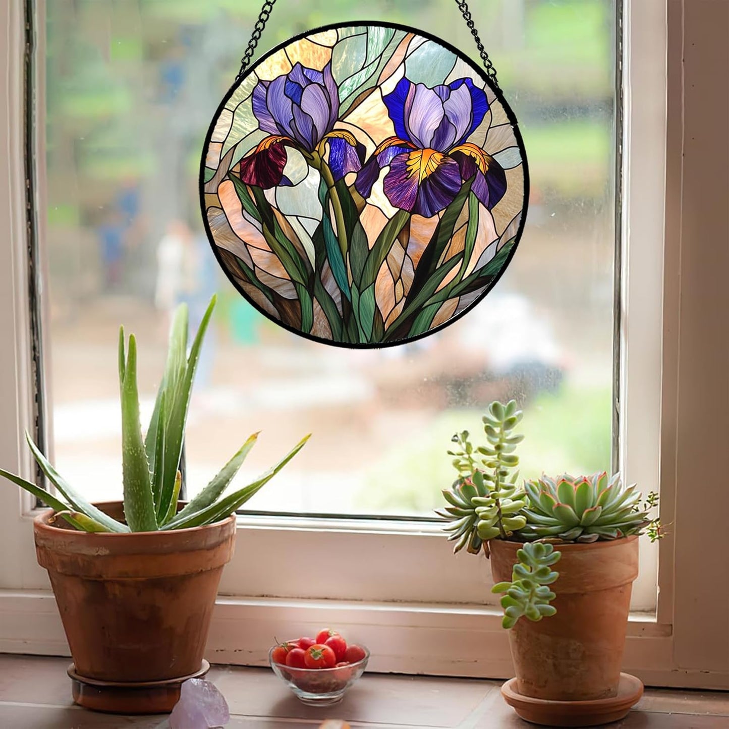 Stained Glass Window Hanging, Purple Blue Iris Birth Flower Suncatcher for Doors Garden Yard Sun Catchers Decor Christmas Mother's Day Birthday Gifts for Teacher Women Mom Nana Wife 11.8 in