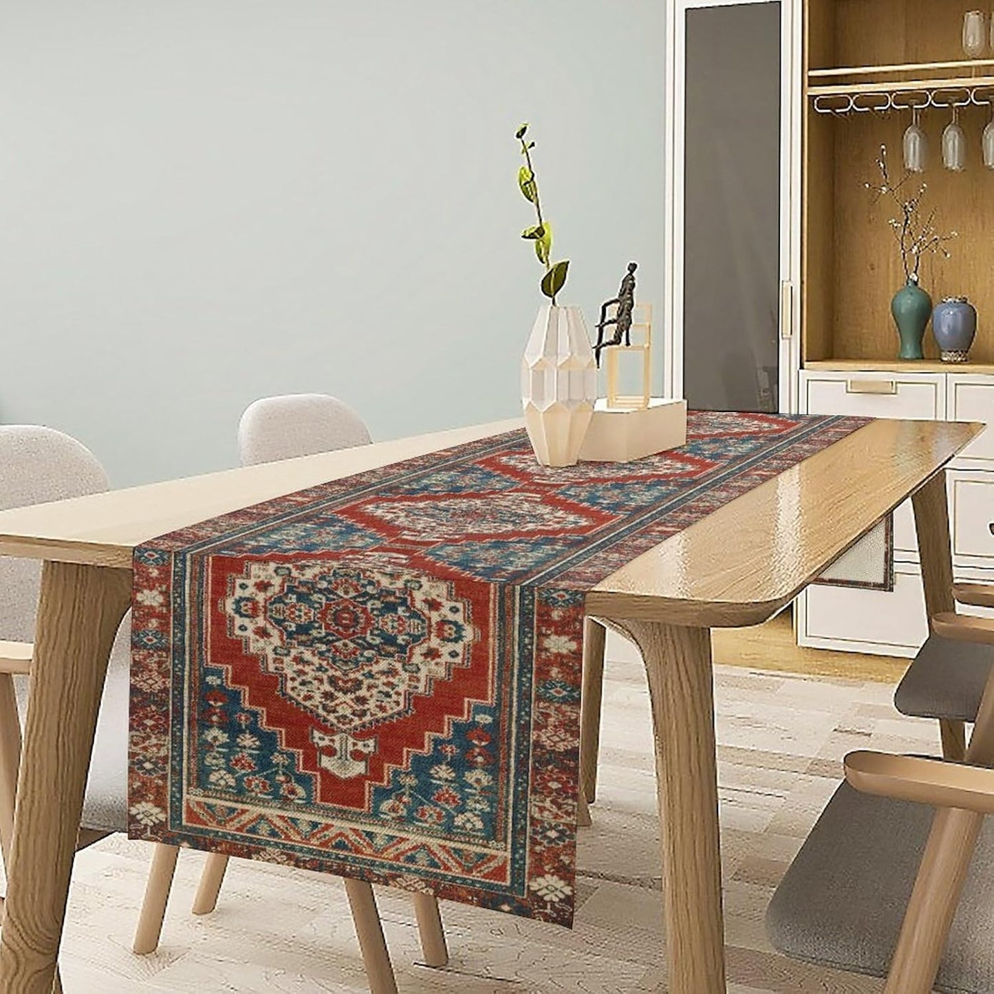 Boho Floral Vintage Table Runner, Red Blue Retro Flower Rustic Country Farmhouse Pattern for Home Kitchen Table Decor Dining Coffee Room Party Decor 13x72in