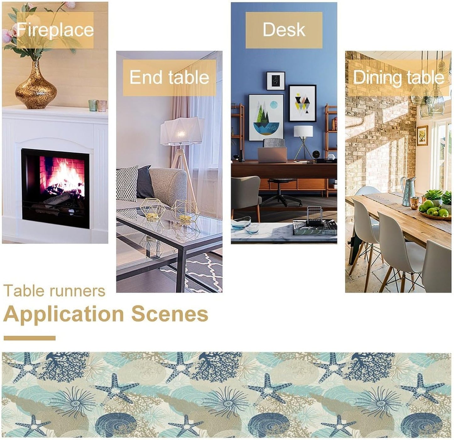 Nautical Coastal Table Runner，Ocean Themed Starfish Coral Conch Beach Kitchen Dinning Table Decoration for Indoor Outdoor Home Party Decor 13x60 Inch