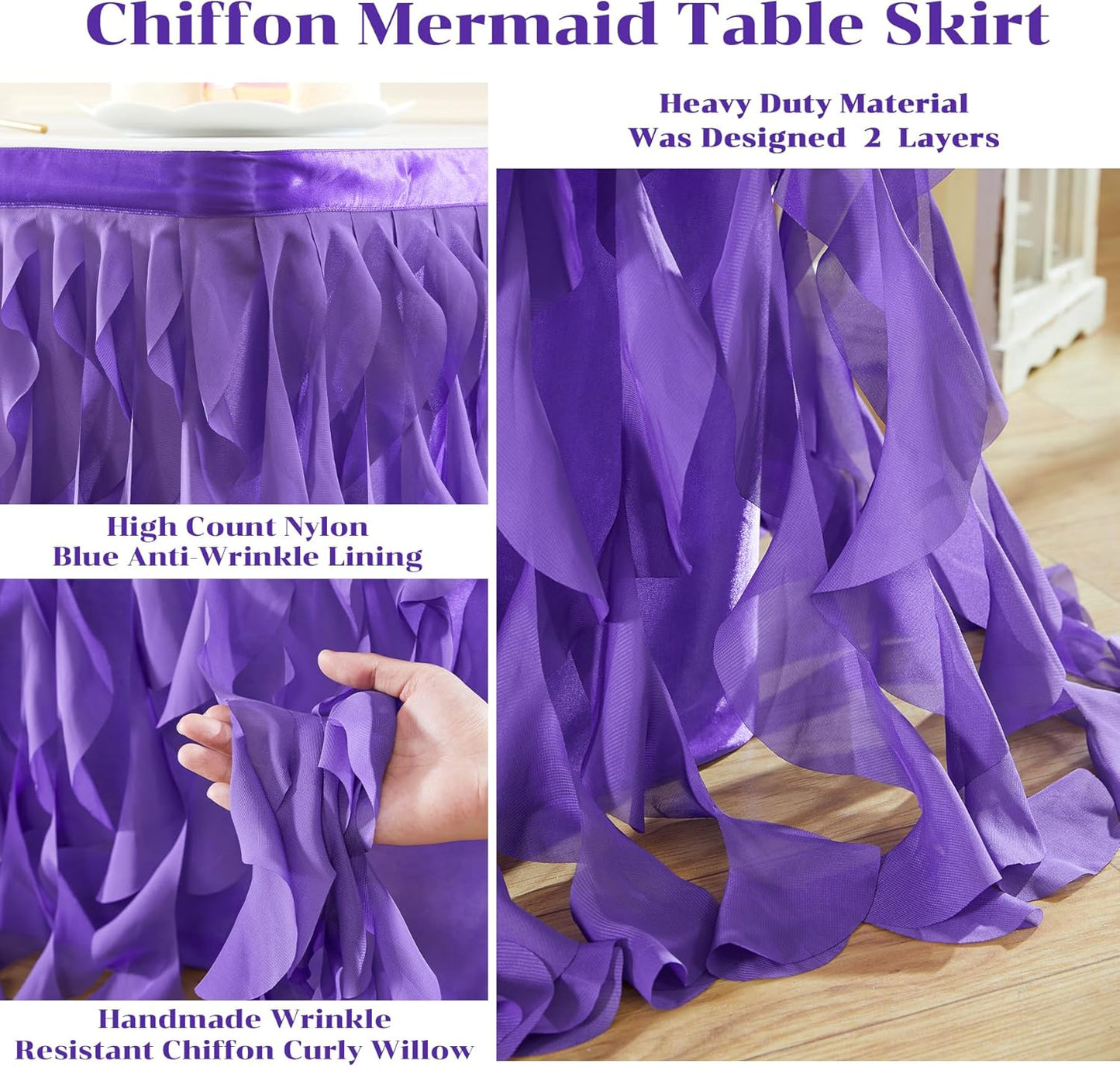 Partisky Mermaid Purple Tulle Curly Willow Table Skirt for Rectangle Table 14ft, Ruffle Tutu Table Cloth for Girls Boys Baby Shower,Mermaid Birthday Party
