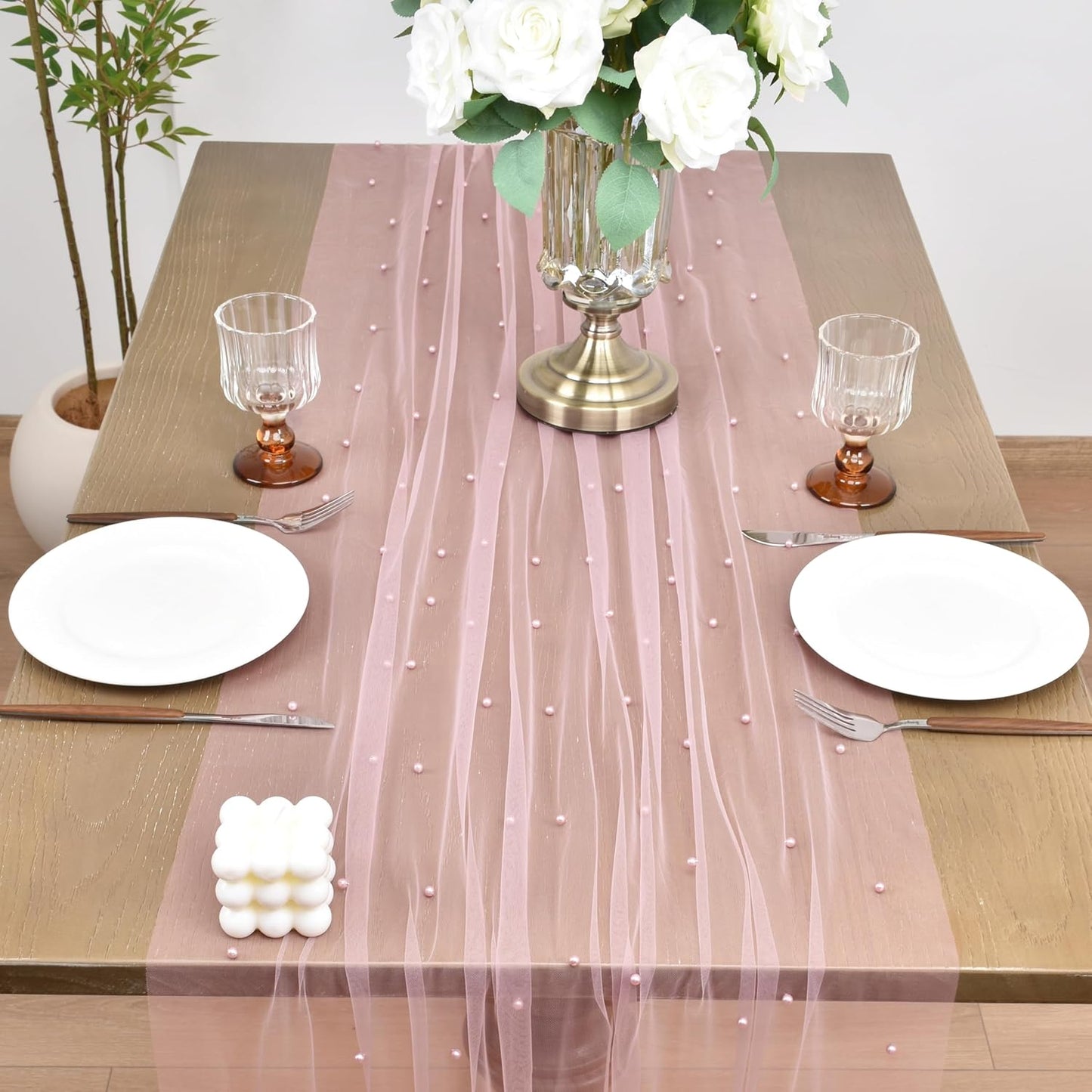 Joanlody Fall Pearl Table Runner 10ft Rustic Boho Tulle Table Runner with Pearls for Baby Shower Wedding Party Veil Dessert Thanksgiving Table Decor Dusty Rose