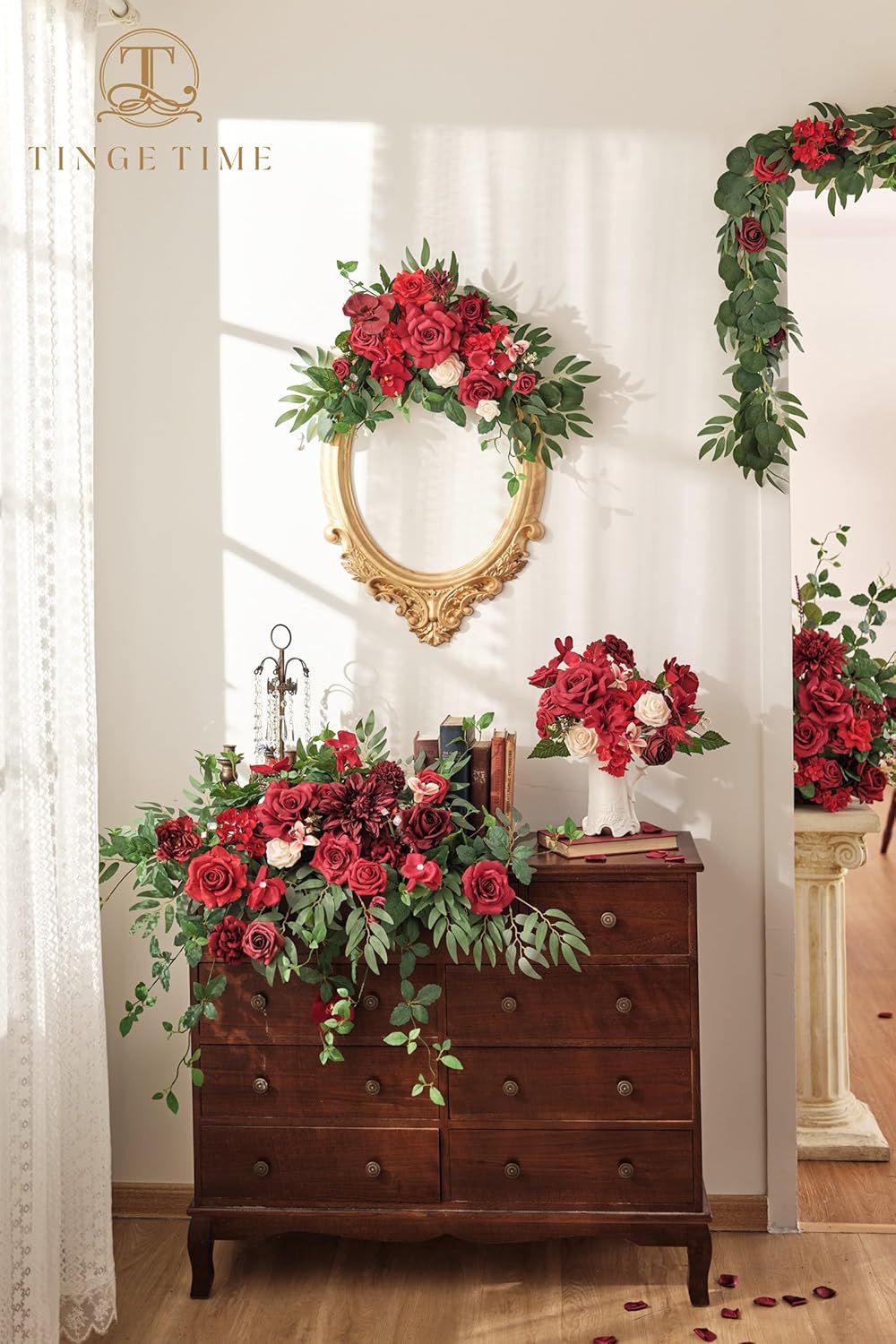 TINGE TIME Artificial Sweetheart Flower Swag with Tablecloth and Table Runner, Pack of 3 Floral Arrangement for Wedding Sweetheart Table Centerpiece Decoration (Burgundy Red)