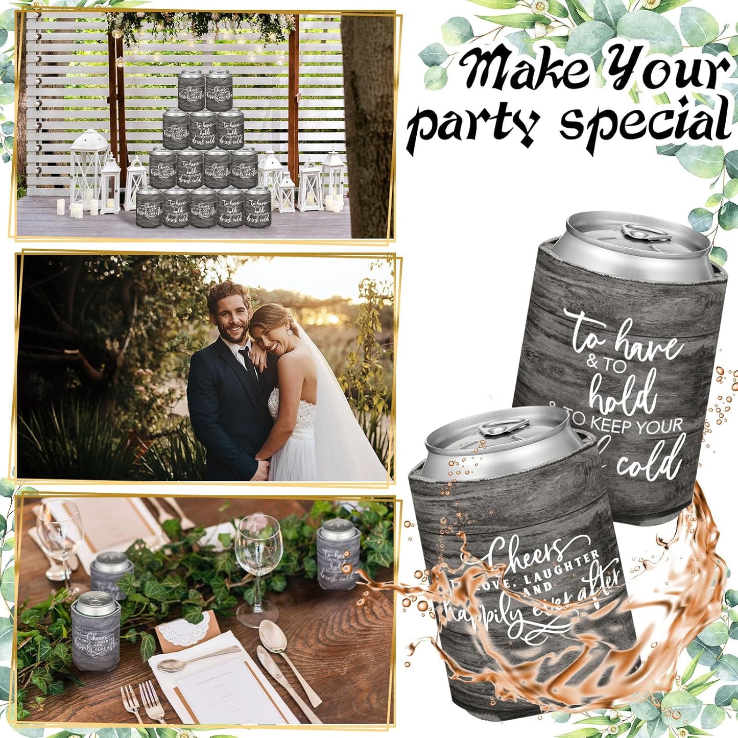 50 Pieces Wood Grain Wedding Can Cooler Sleeves Bulk Engagement Party Favors for Guests Cheers to Love Laughter and Happily Ever After Rehearsal Dinner Decorations for Wedding Bridal
