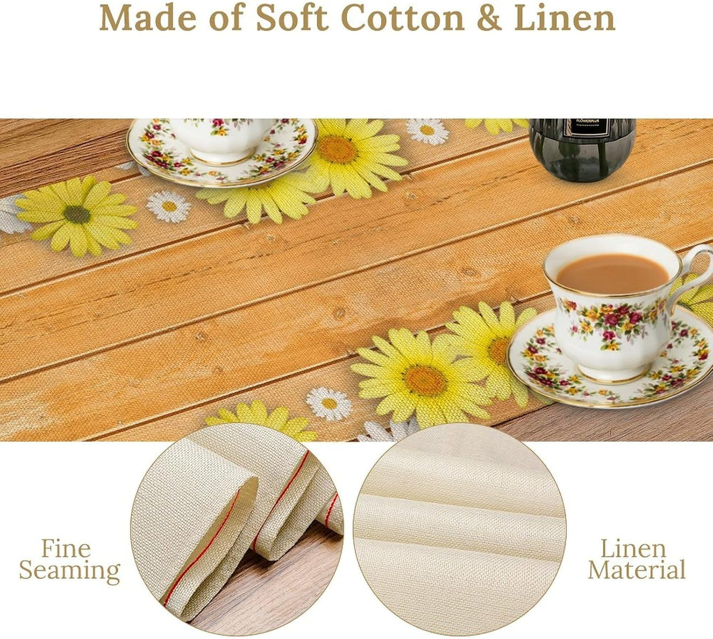 Farmhouse Floral Table Runner, Spring Seasonal Yellow Daisy Sunflower Retro Wooden Country Table Center Decor for Home Kitchen Dining Patio Holiday Party Table Decorations, 13"x108" Inch