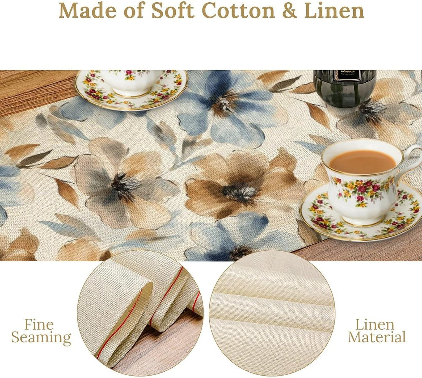 Poppy Floral Table Runner, Watercolor Brown Blue Flowers Blossom Summer Nature Table Runner for Kitchen Dinning Table Runner Decor Home Wedding Party Holiday, 13x60 Inch