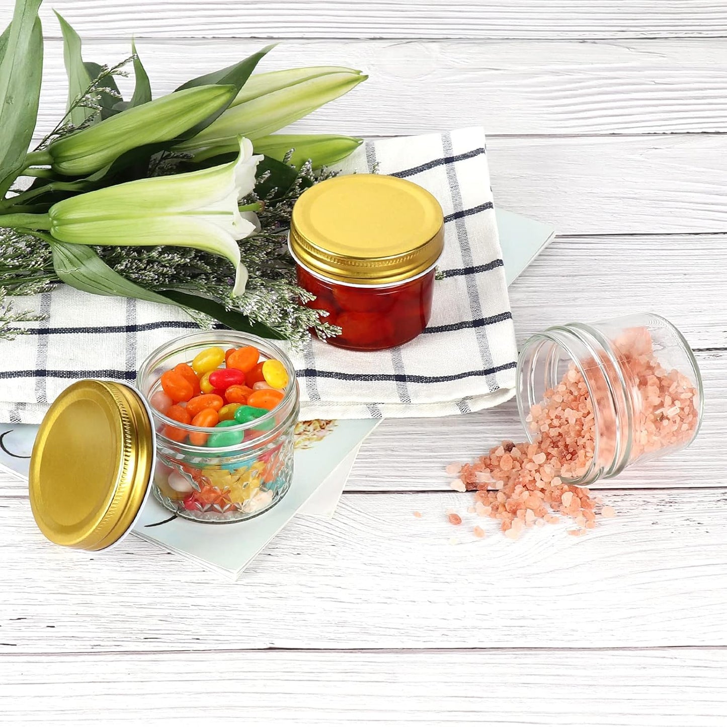 Betrome 4 oz Clear Glass Jars with Metal Golden Lids, Pack of 40, 100ml Round Canning Jars,Ideal for Spices, Herbs, Honey, Jam, Wedding Favors