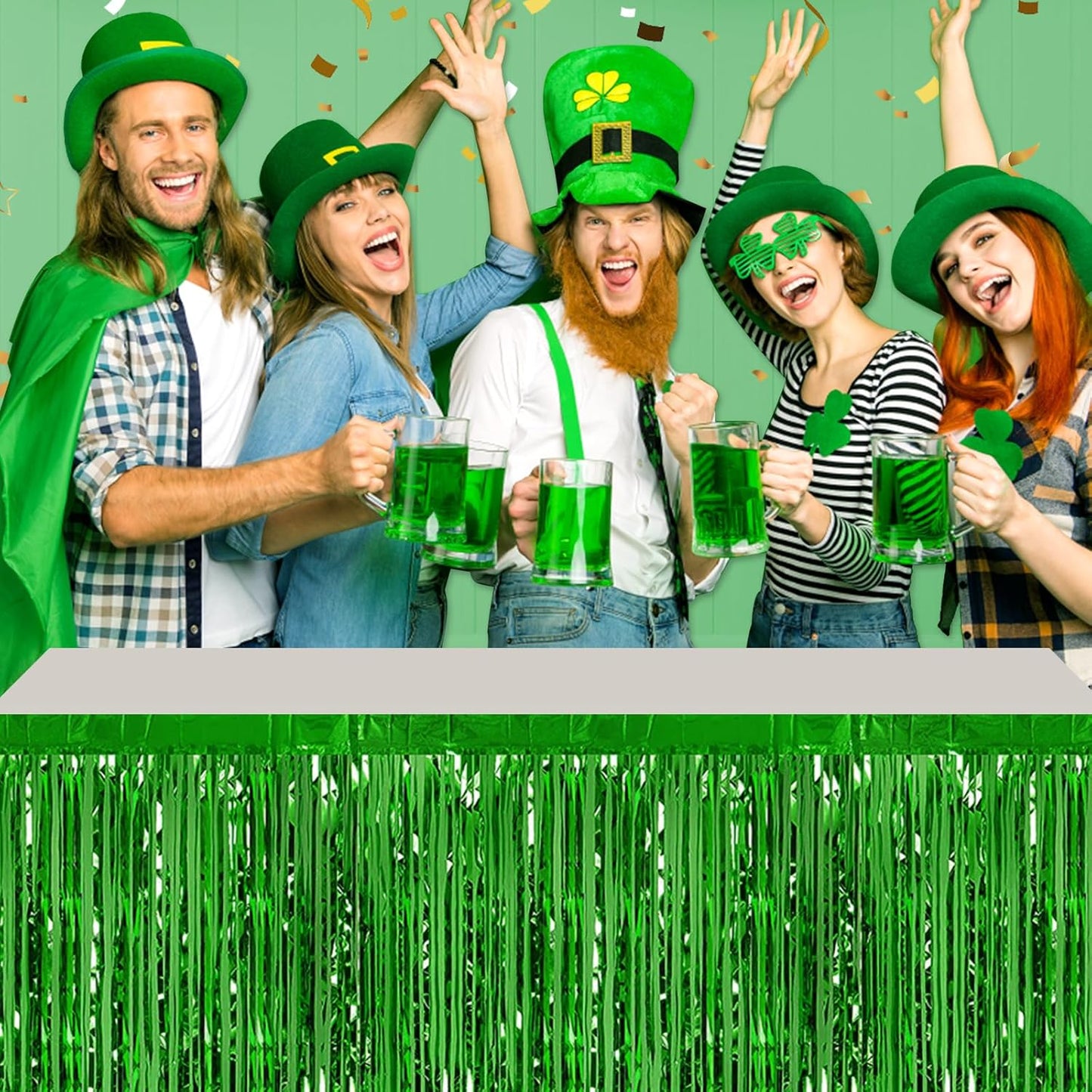 3 Pack 29 x108 Inch Green Foil Fringe Table Skirts Metallic Banner for Tinsel Streamer Garland Backdrop for Parade Floats Wedding Thanksgiving Birthday Christmas Halloween New Year Party Decoration