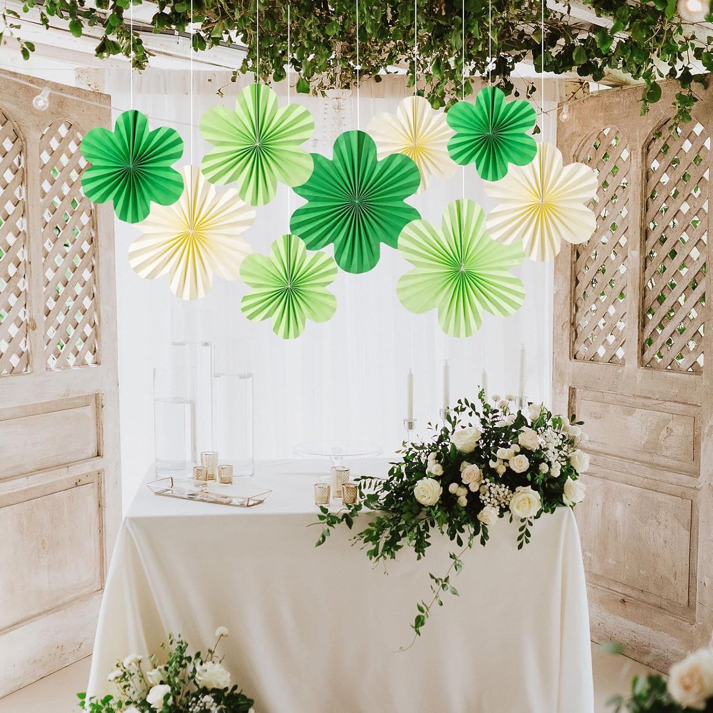 SUNBEAUTY Paper Flowers Decorations for Wall Paper Fans Classroom Decoration Paper Floral Backdrop Decor Paper Fans Decoration Hanging Paper Fans Green Flower Wall Decor,Set of 9