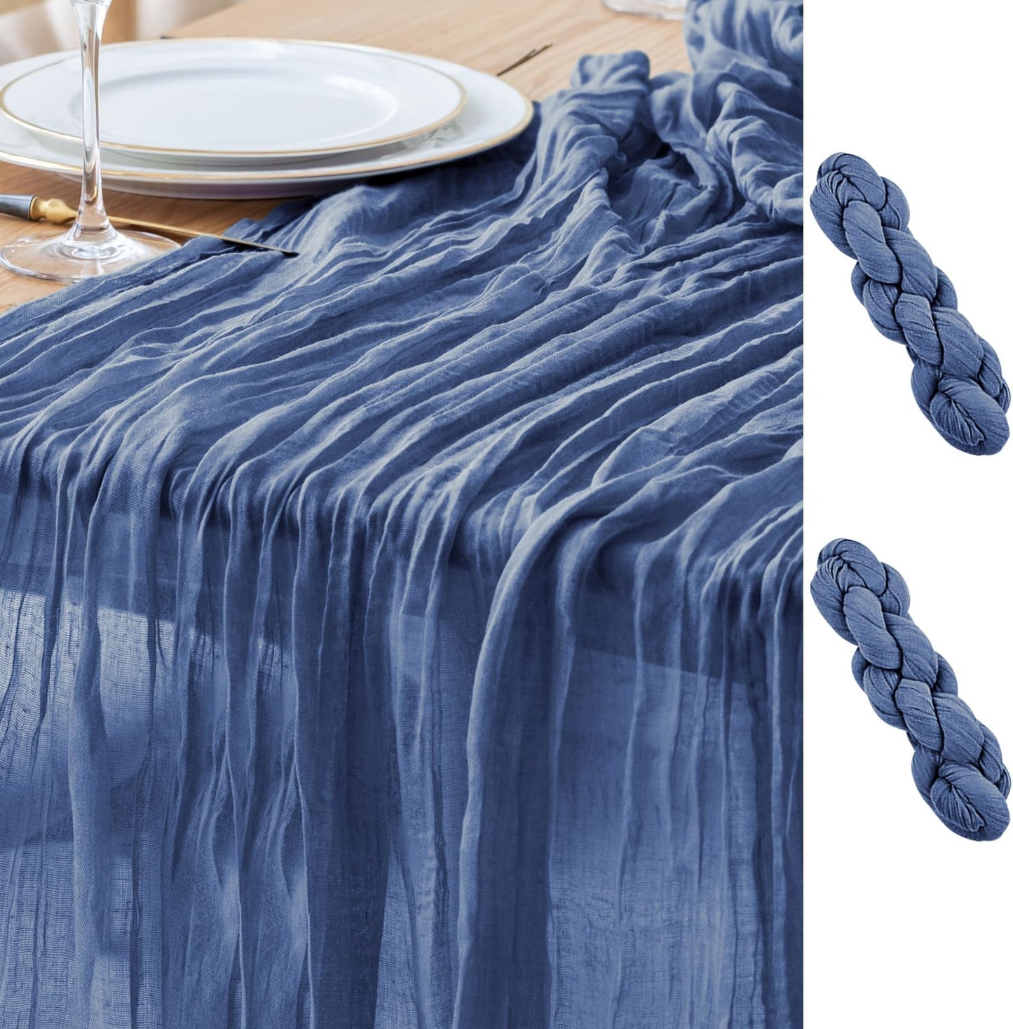 Asee'm 2pcs Cheesecloth Table Runner 120 Inches Long Blue Boho Gauze Cheese Cloth Runner 10FT Rustic Sheer Table Runners for Christmas Wedding Party Baby Shower Spring Easter Decoration
