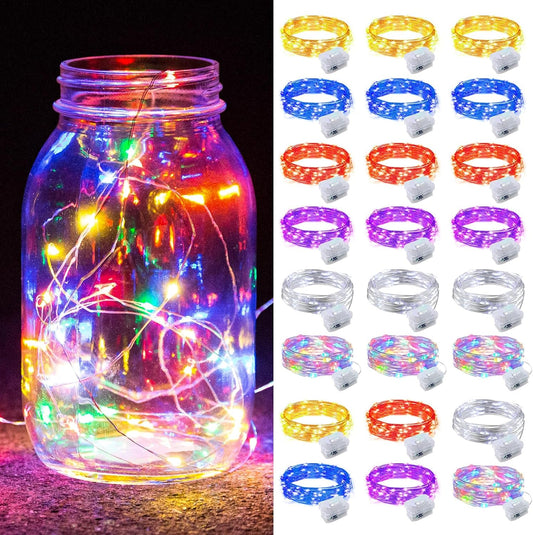 ZGWJ 24 Pack Fairy Lights Battery Operated, 7ft 20 Mini LED Fairy String Lights Silver Wire 3 Modes for DIY, Parties, Wedding, Bedroom, Halloween Christmas Decoration Mixed-Color