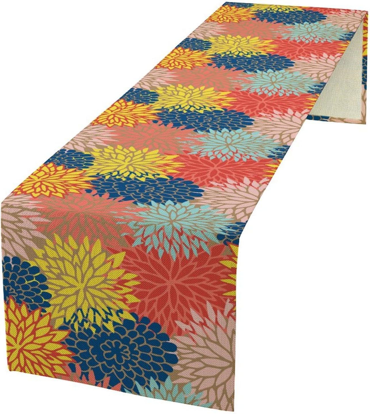 Dahlia Flowers Table Runner Colorful Floral Teal Grey Pink Yellow Blue Abstract Table Runner Kitchen Dining Party Decor Living Room, 13x70 Inch