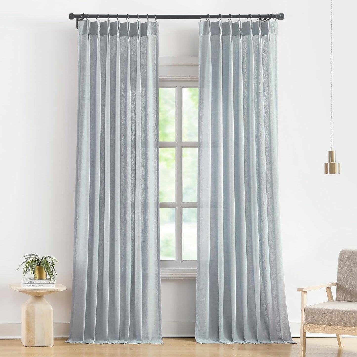 Vision Home Blue Grey Pinch Pleated Semi Sheer Curtains Textured Linen Blended Light Filtering Window Curtains 112 inch for Living Room Bedroom Pinch Pleat Drapes with Hooks 2 Panels 40" Wx112 L